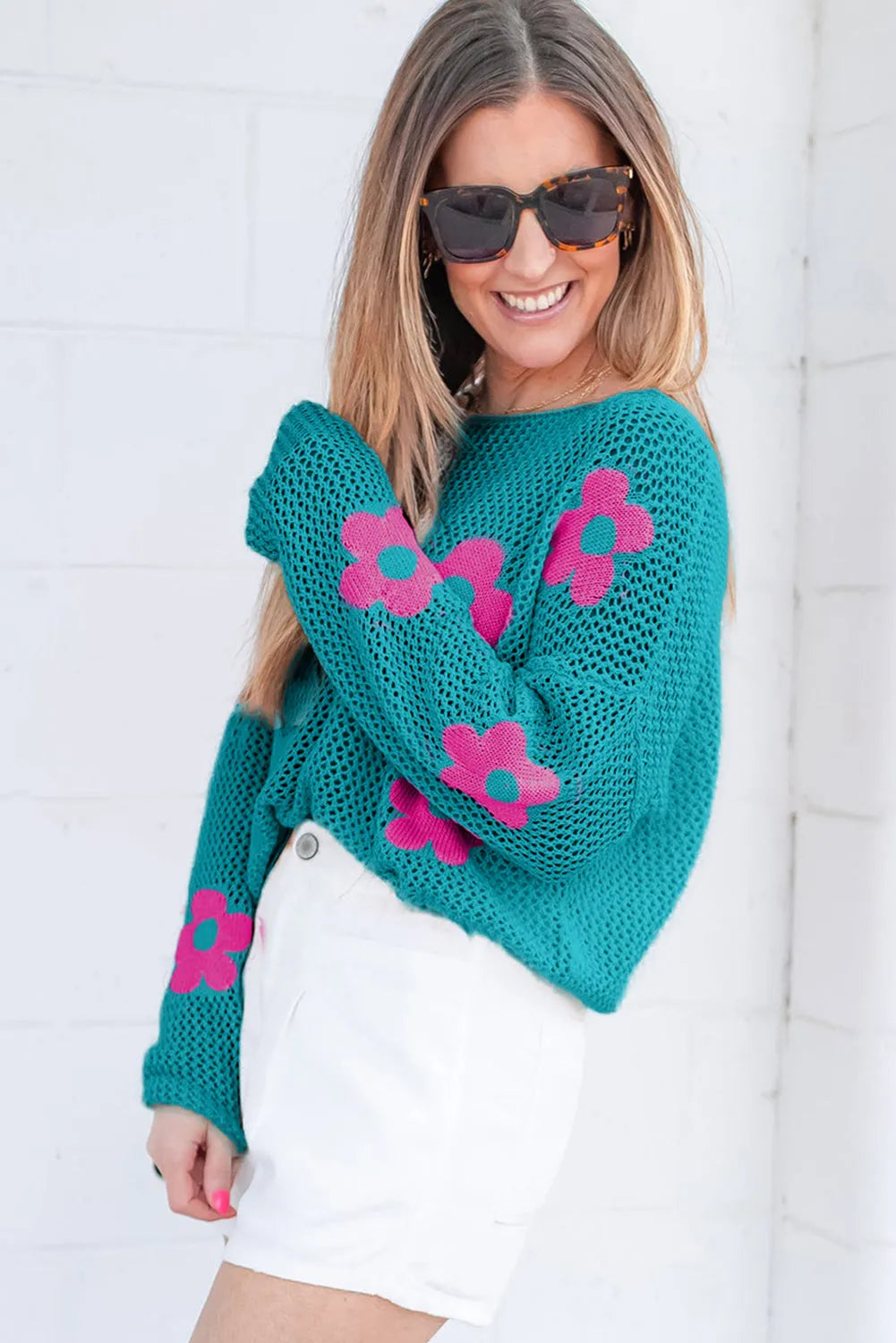 Sea Green Big Flower Hollowed Knit Drop Shoulder Sweater - Chic Meadow Boutique 