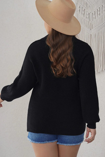 Black Ribbed Knit Lapel Neck Curvy Sweater - Chic Meadow Boutique 