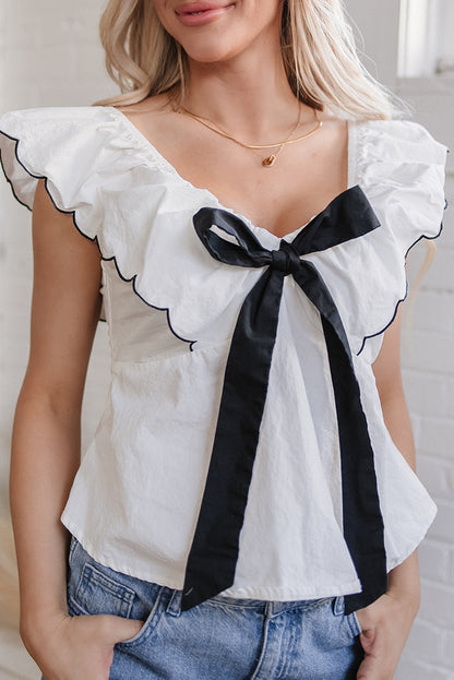 White Contrast Bow Ruffle Trim V Neck Blouse