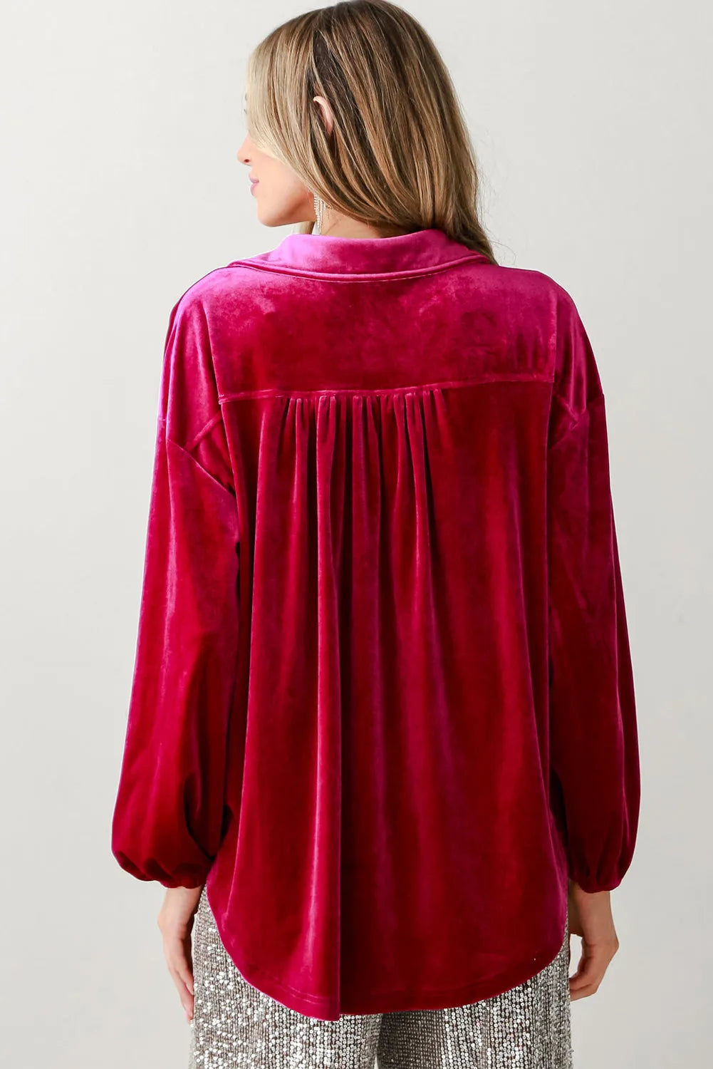 Pitaya Pink Buttoned V Neck Chest Pocket Velvet Shirt - Chic Meadow Boutique 