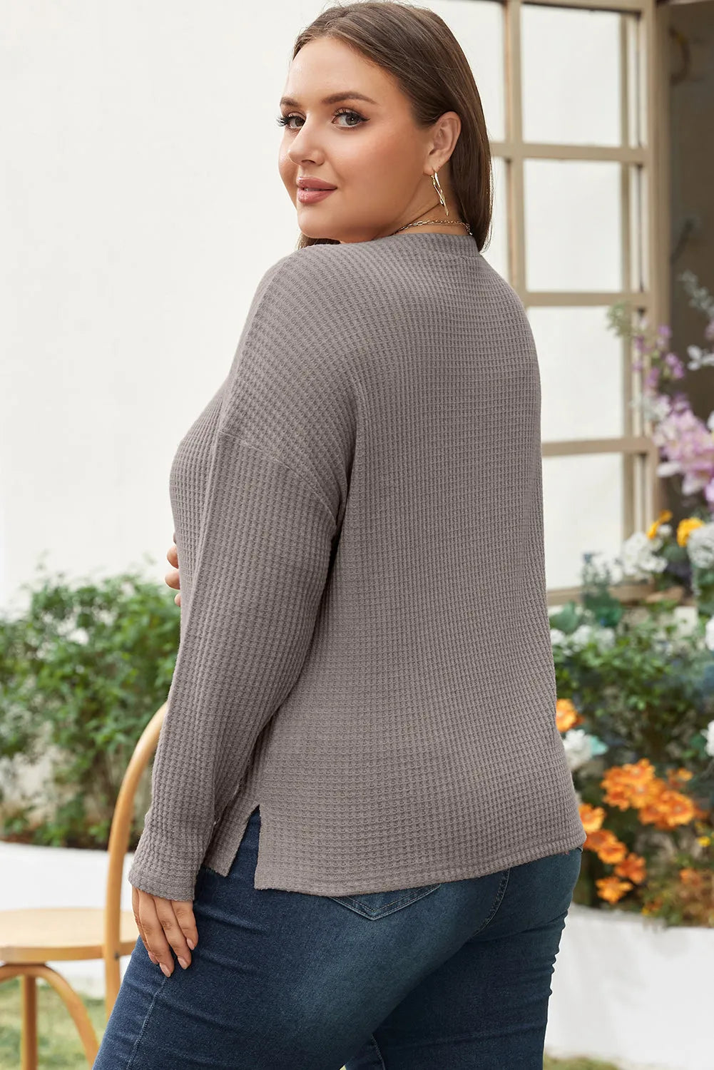 Simply Taupe Waffle Knit Drop Shoulder Button V Neck Plus Size Top - Chic Meadow Boutique 