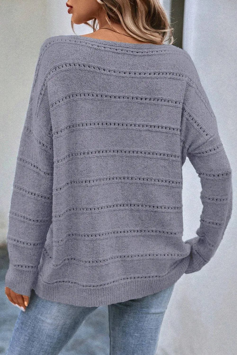 Light Grey Boat Neck Drop Shoulder Pointelle Knit Sweater - Chic Meadow Boutique 