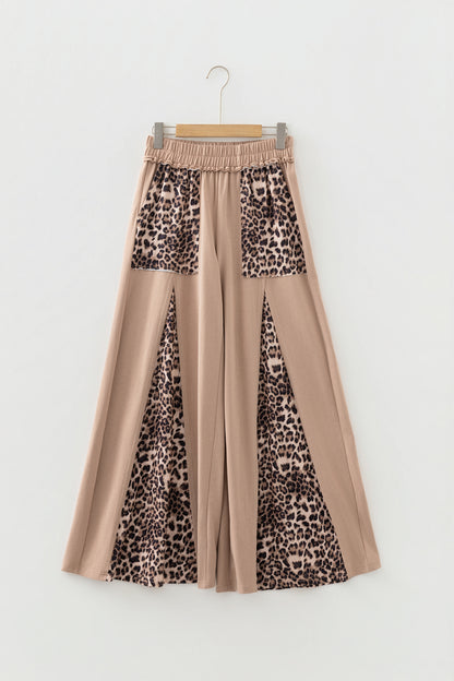 Straw Yellow Mineral Wash Leopard Patchwork Wide Leg Pants