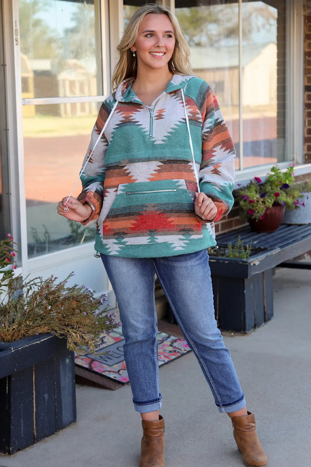 Multicolor Aztec Print Zipped Split Neck Hoodie - Chic Meadow Boutique 