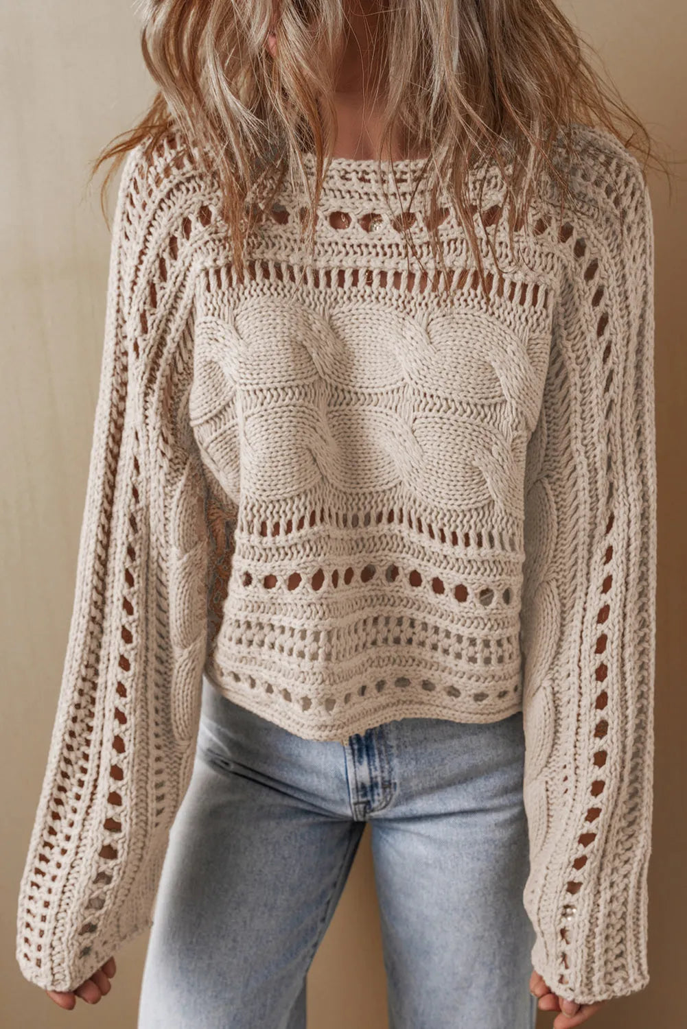 Smoke Gray Hollow-out Cable Knit Cropped Sweater - Chic Meadow Boutique 