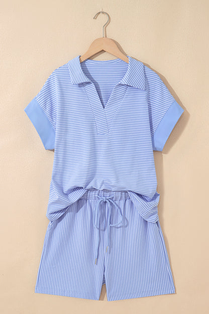 Sky Blue Stripe Dolman Sleeve Polo Shirt and Drawstring Shorts Set