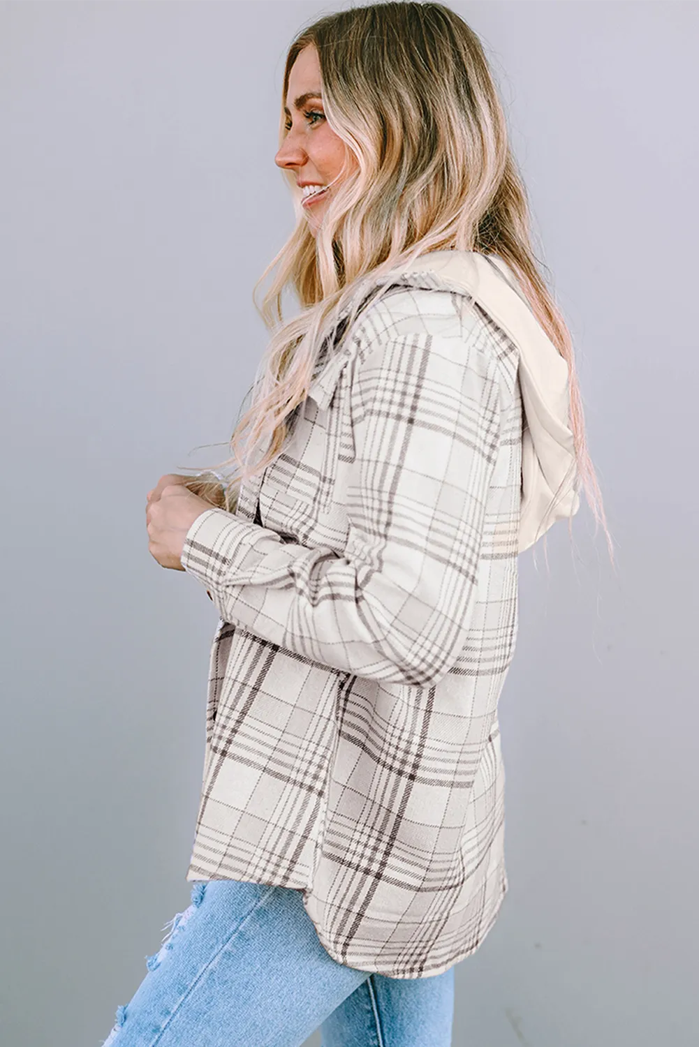 Khaki Plaid Removable Hood Buttoned Shacket - Chic Meadow Boutique 