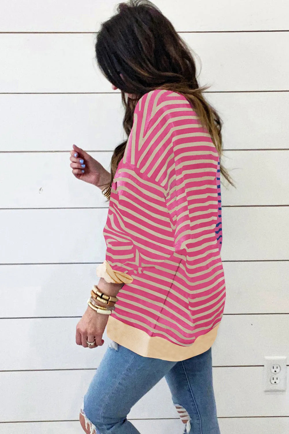 Pink Stripe Colorblock Drop Shoulder Oversize Sweatshirt - Chic Meadow Boutique 