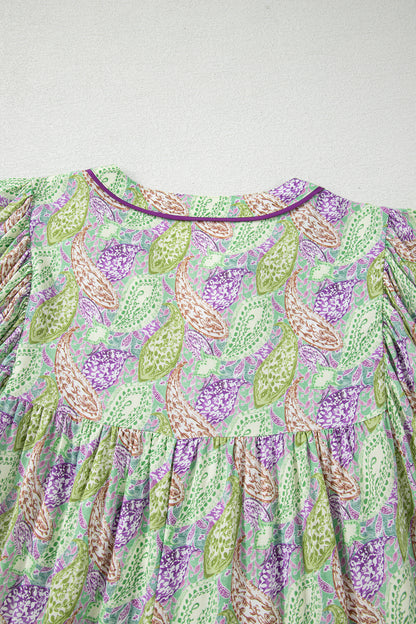 Green Boho Paisley Print Half Puff Sleeve Blouse