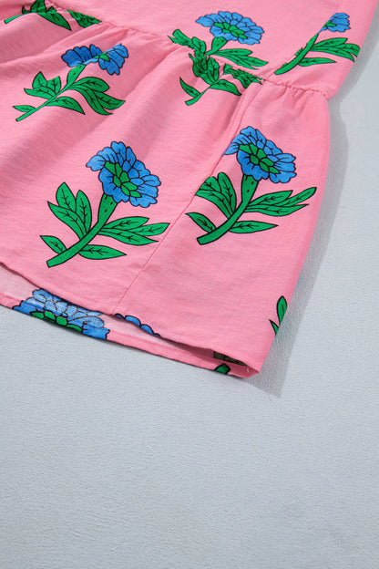 Pink Plus Size Striped V Neck Ruffled Floral Long Dress