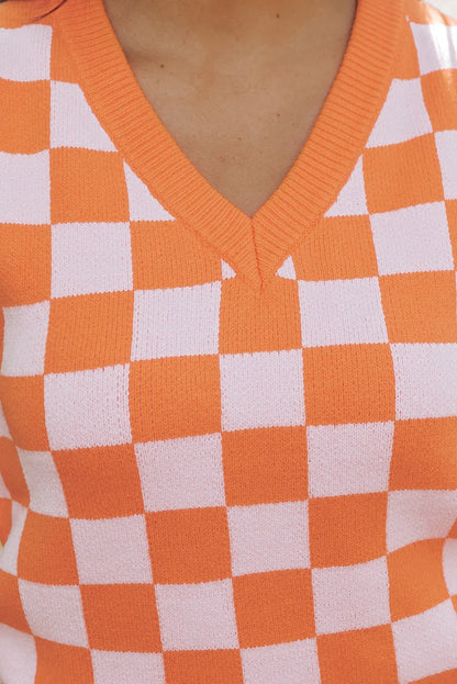 Russet Orange Checkered V Neck Knitted Sweater Vest - Chic Meadow Boutique 