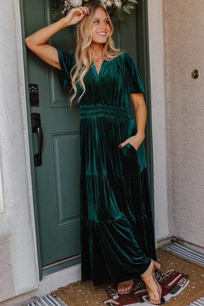 Evergreen Velvet Short Sleeve Shirred Waist Tiered Maxi Dress - Chic Meadow Boutique 