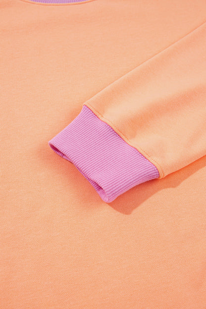 Grapefruit Orange Colorblock Trim Crewneck Long Sleeve Pullover Sweatshirt