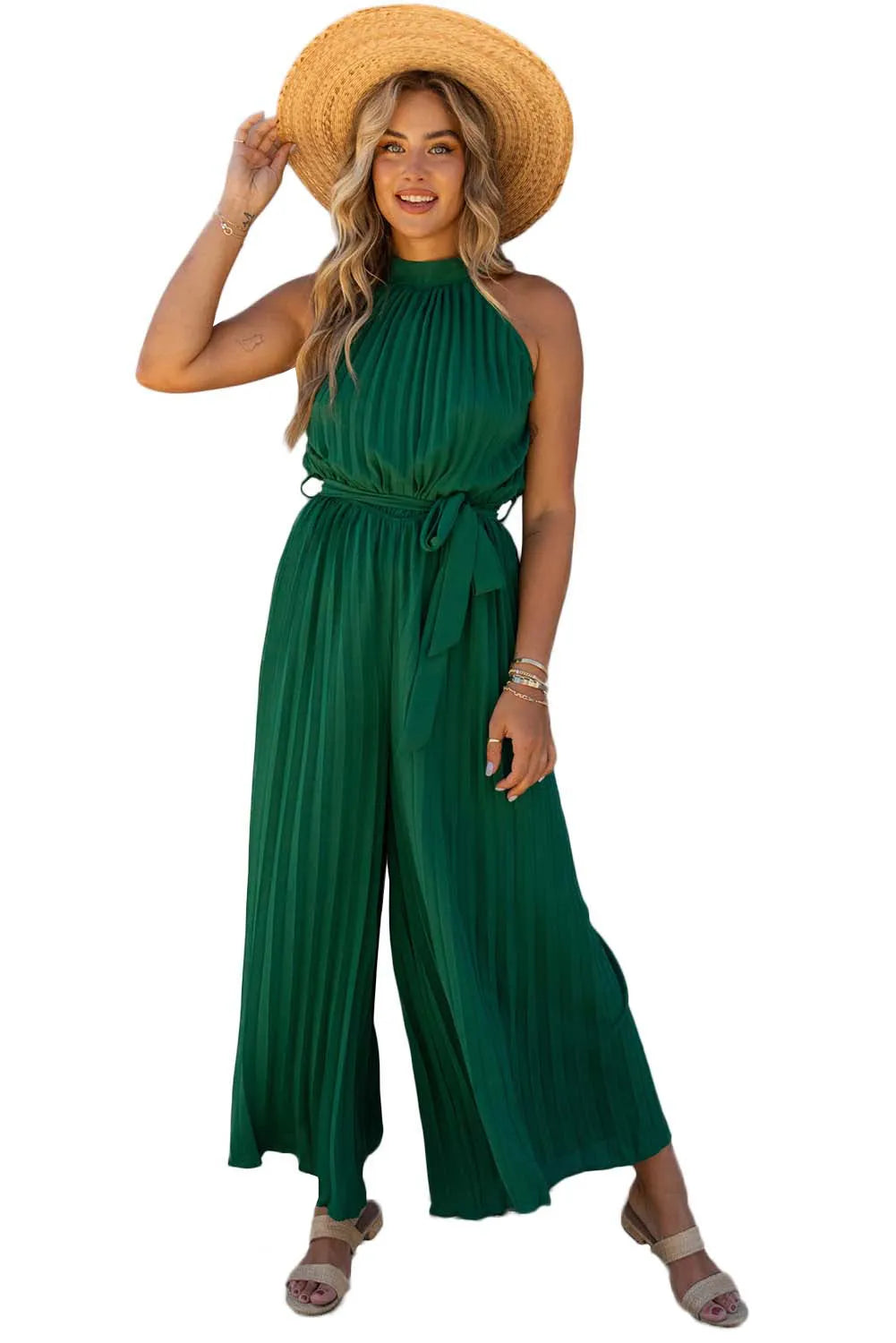 Green Halter Neck Pleated Wide Leg Jumpsuit with Belt - Chic Meadow Boutique 