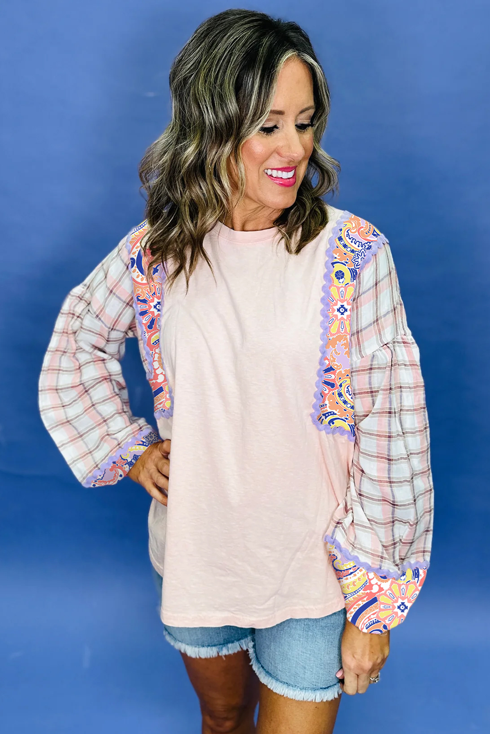 Delicacy Ricrac Trim Floral Plaid Patchwork Puff Sleeve Blouse