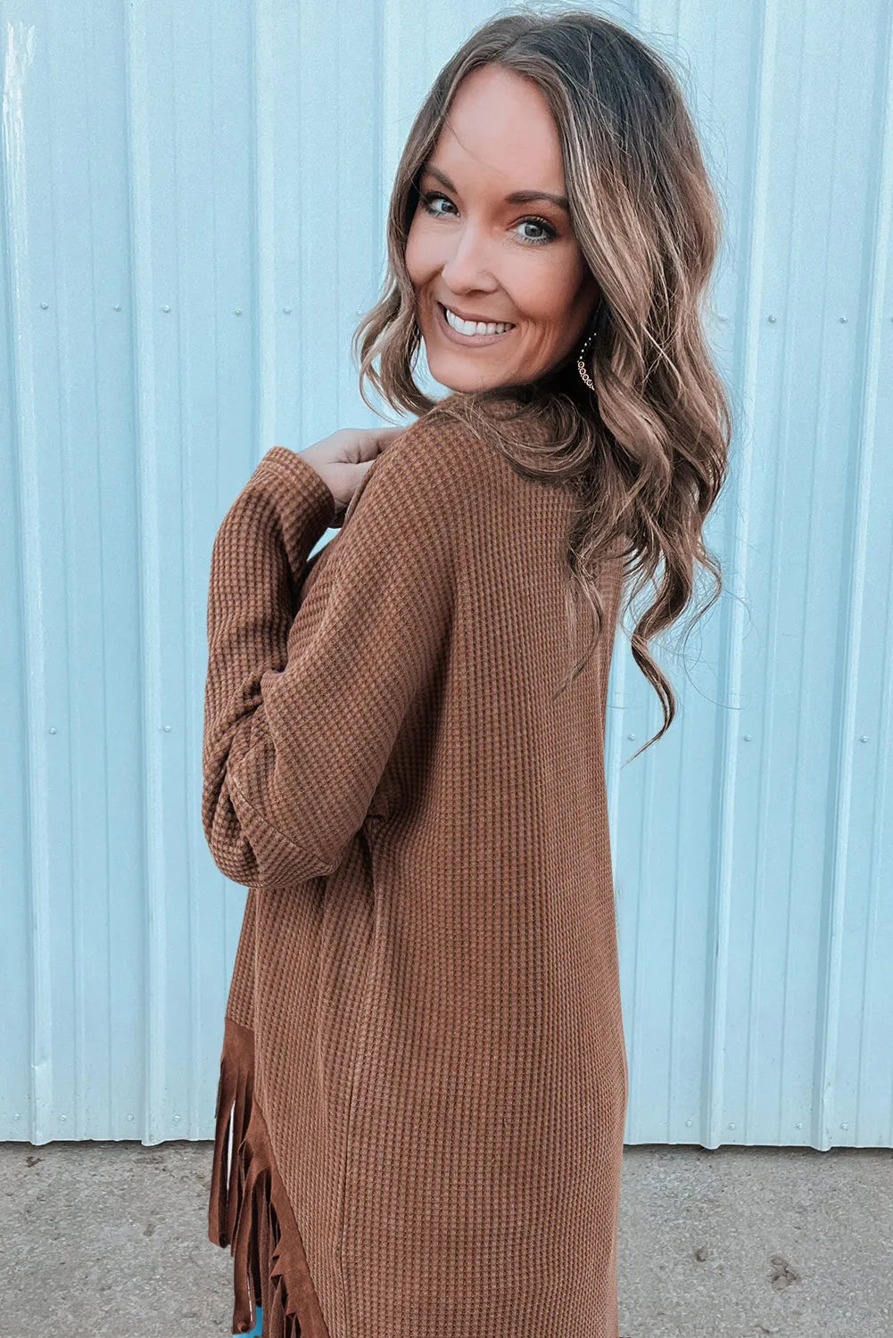 Coffee Waffle Knit Fringed High Low Loose Top - Chic Meadow Boutique 