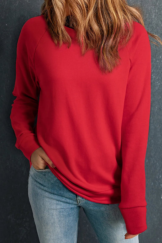 Red Solid Round Neck Raglan Sleeve Sweatshirt - Chic Meadow Boutique 