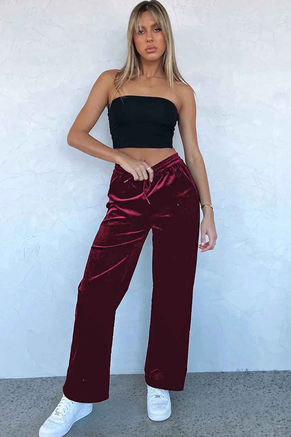 Burgundy Solid Drawstring Waist Wide Leg Pants - Chic Meadow Boutique 