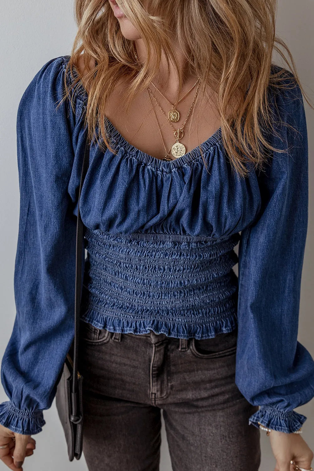 Dark Blue Smocked Ruffled Puff Sleeve V Neck Denim Blouse - Chic Meadow Boutique 