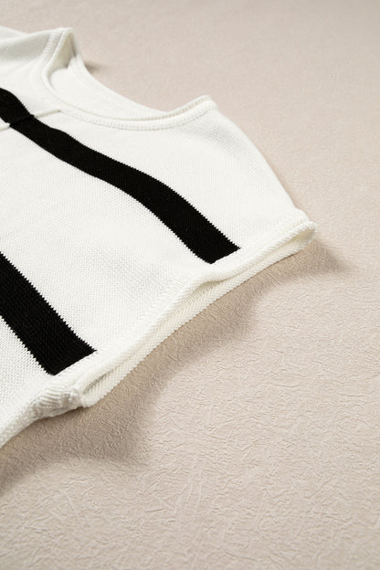 White Stripe Knit Western Short Sleeve Sweater