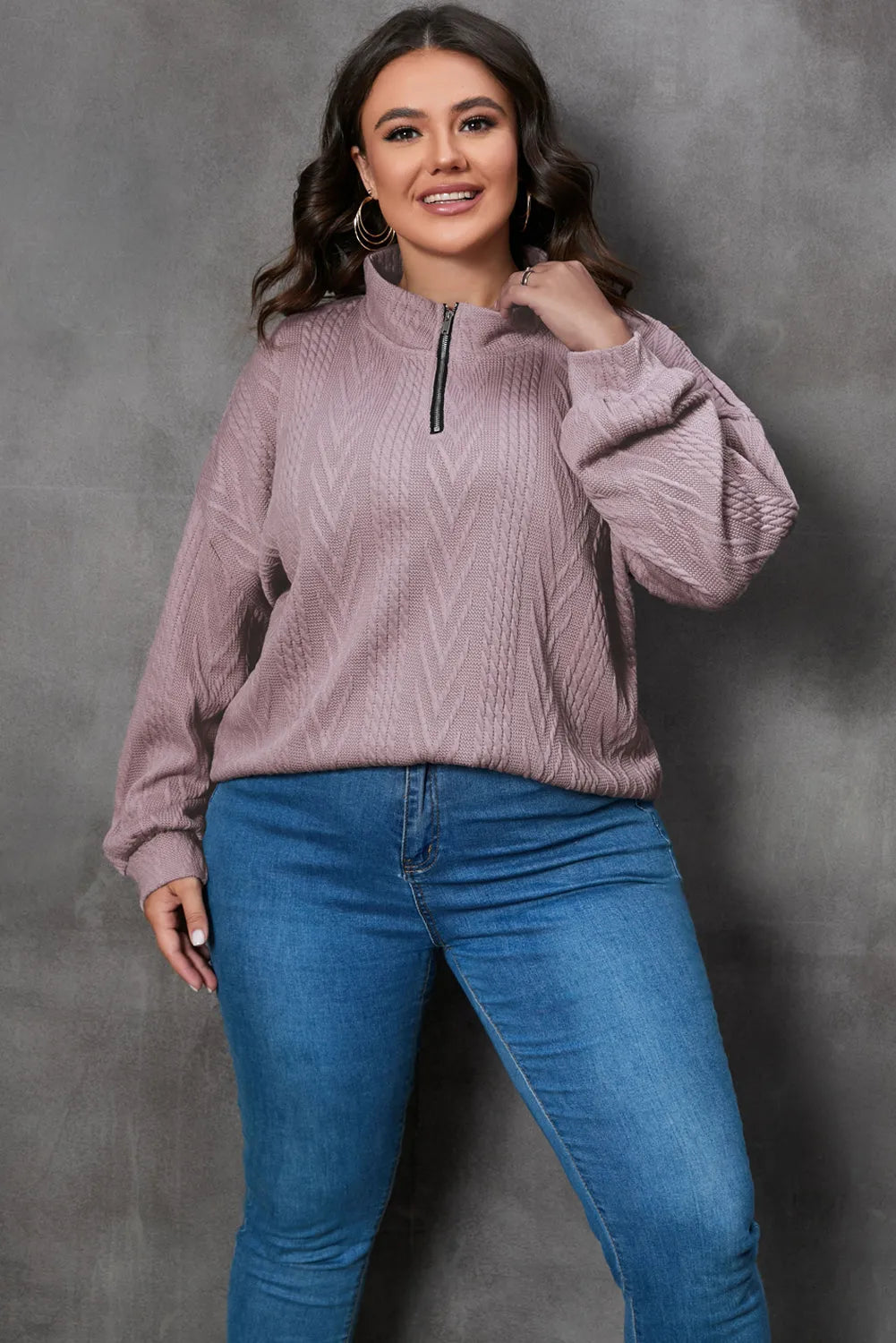 Plus Size Textured Knit Zip Neck Pullover - Chic Meadow Boutique 