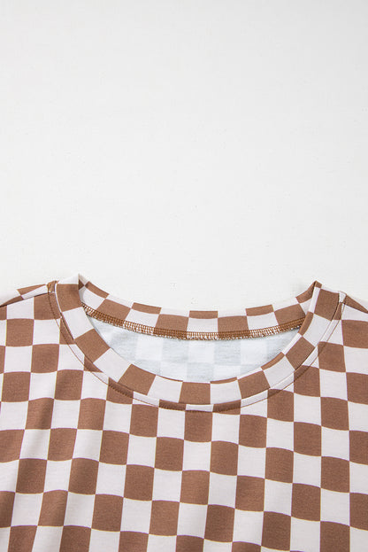 Brown Plus Size Checkerboard Print Side Slim Tee Shorts Set