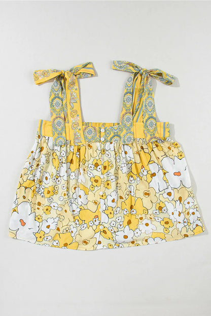 Yellow Floral Patchwork Tied Straps Buttoned Tank Top - Chic Meadow Boutique 