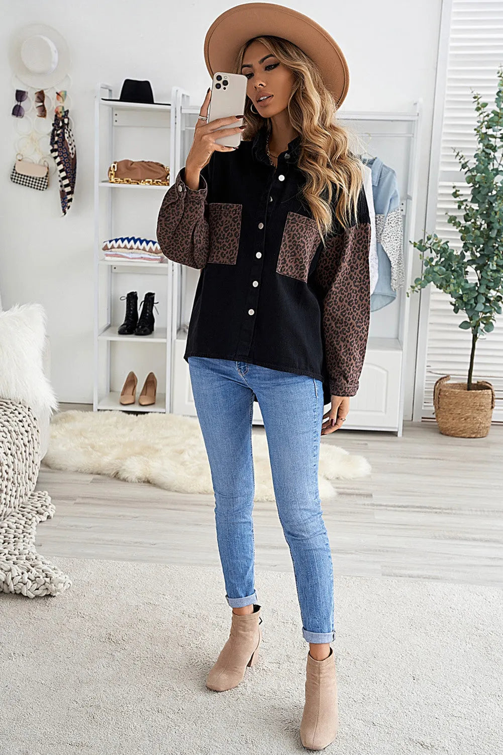 Black Contrast Leopard Denim Jacket - Chic Meadow Boutique 