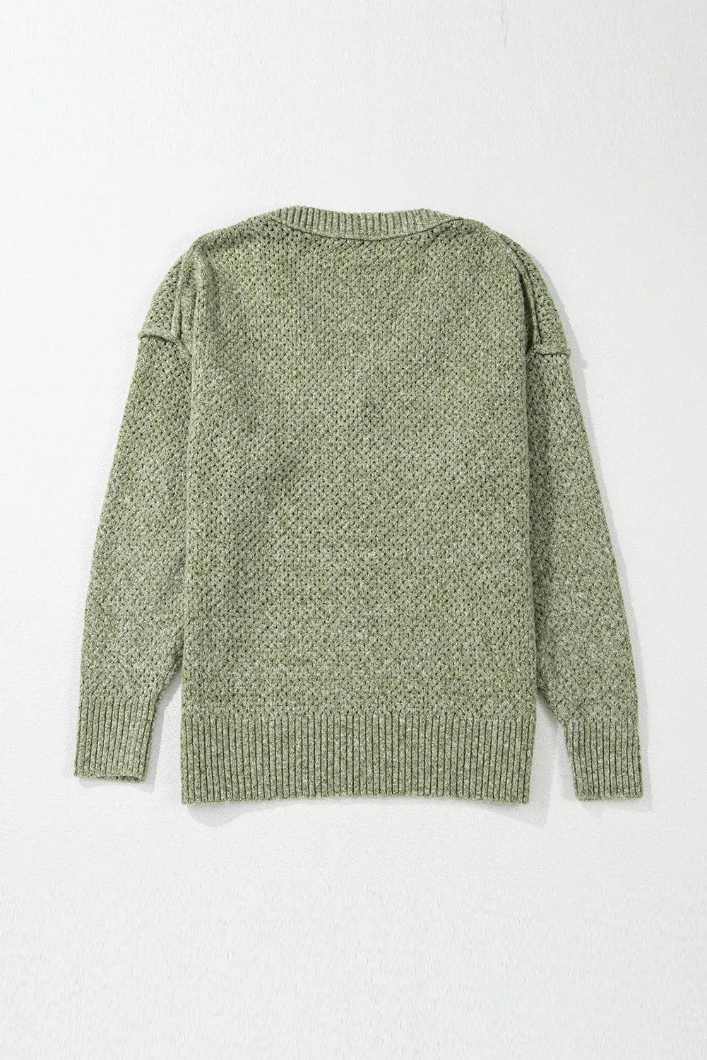 Sweaters & Cardigans/Sweaters Jungle Green Loose Eyelet V Neck Drop Shoulder Sweater