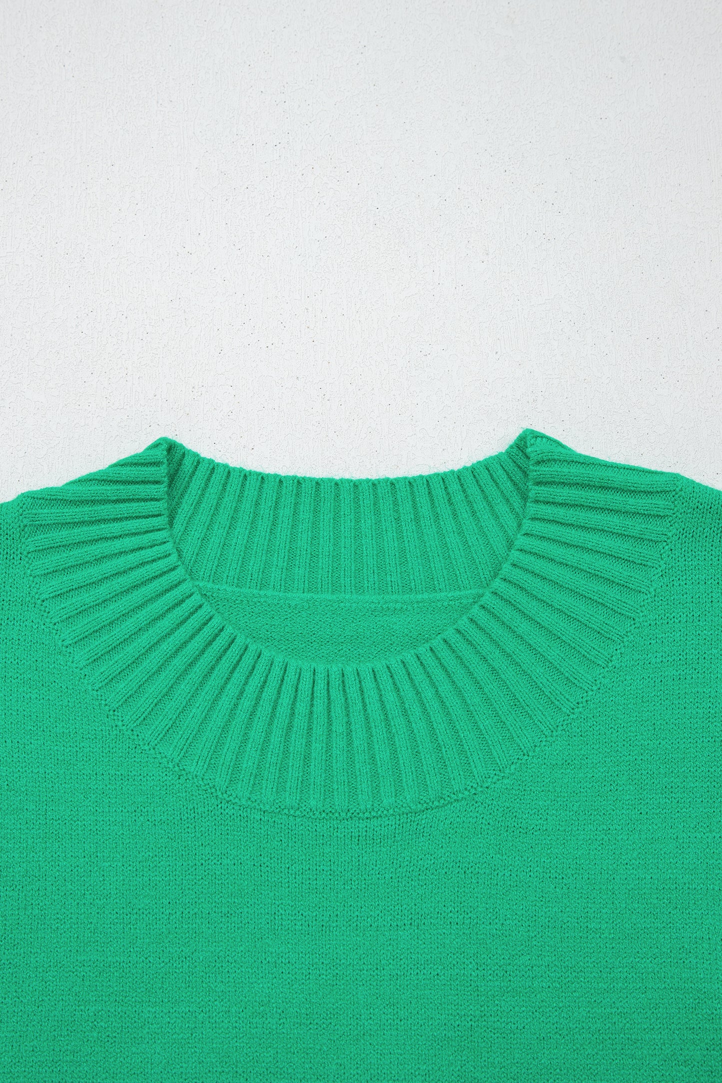 Bright Green Solid Color Ribbed Trim Round Neck Ruffle Short Sleeve Sweater