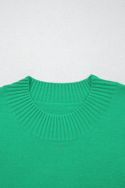 Bright Green Solid Color Ribbed Trim Round Neck Ruffle Short Sleeve Sweater