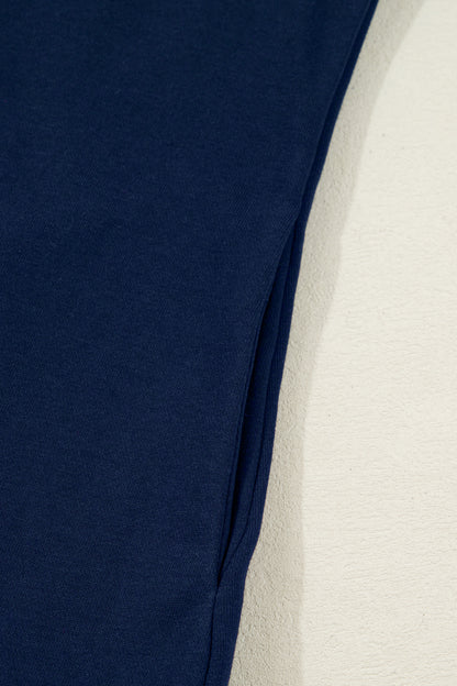 Navy Blue Contrast Striped Cuffs Polo Collar Patchwork Long Sleeve Ruffle Hem Mini Dress