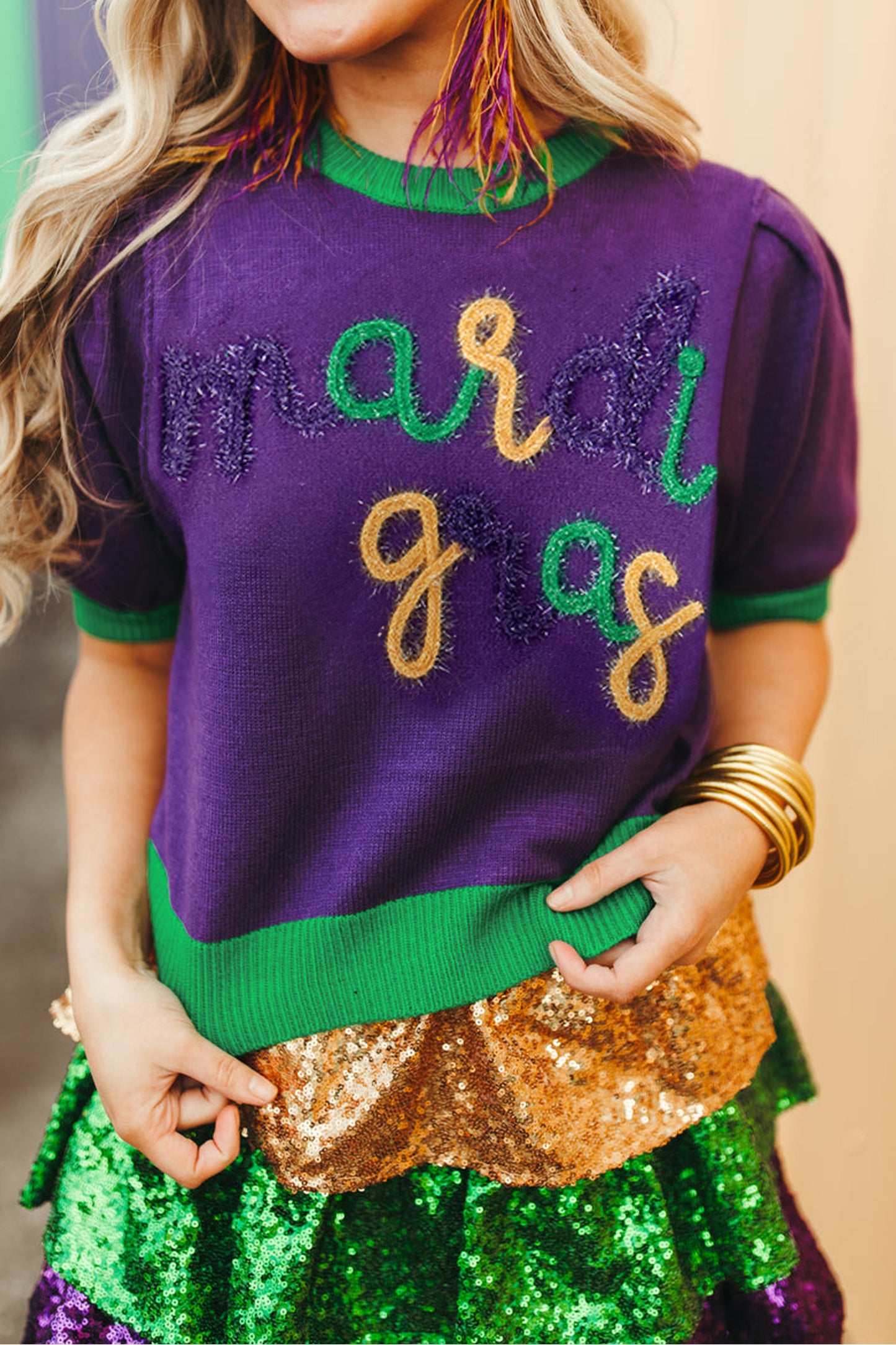 Tillandsia Purple Mardi Gras Tinsel Graphic Short Sleeve Sweater