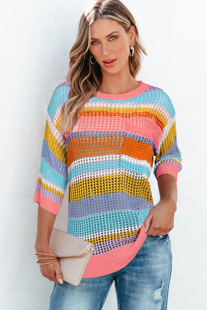 Pink Stripe Colorblock Hollowed Crochet 3/4 Sleeve Sweater - Chic Meadow Boutique 