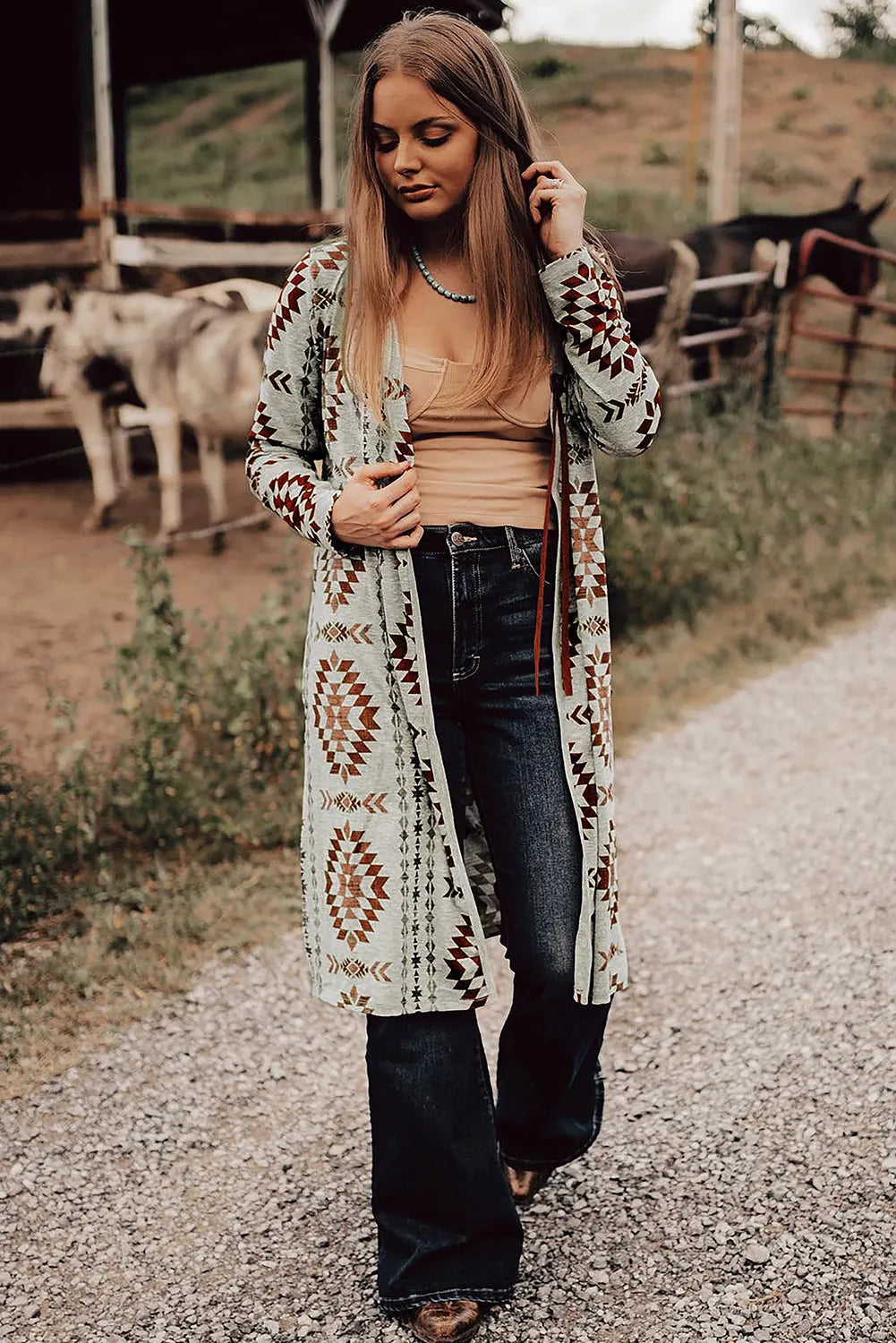 Brown Western Aztec Printed Open Front Long Cardigan - Chic Meadow Boutique 