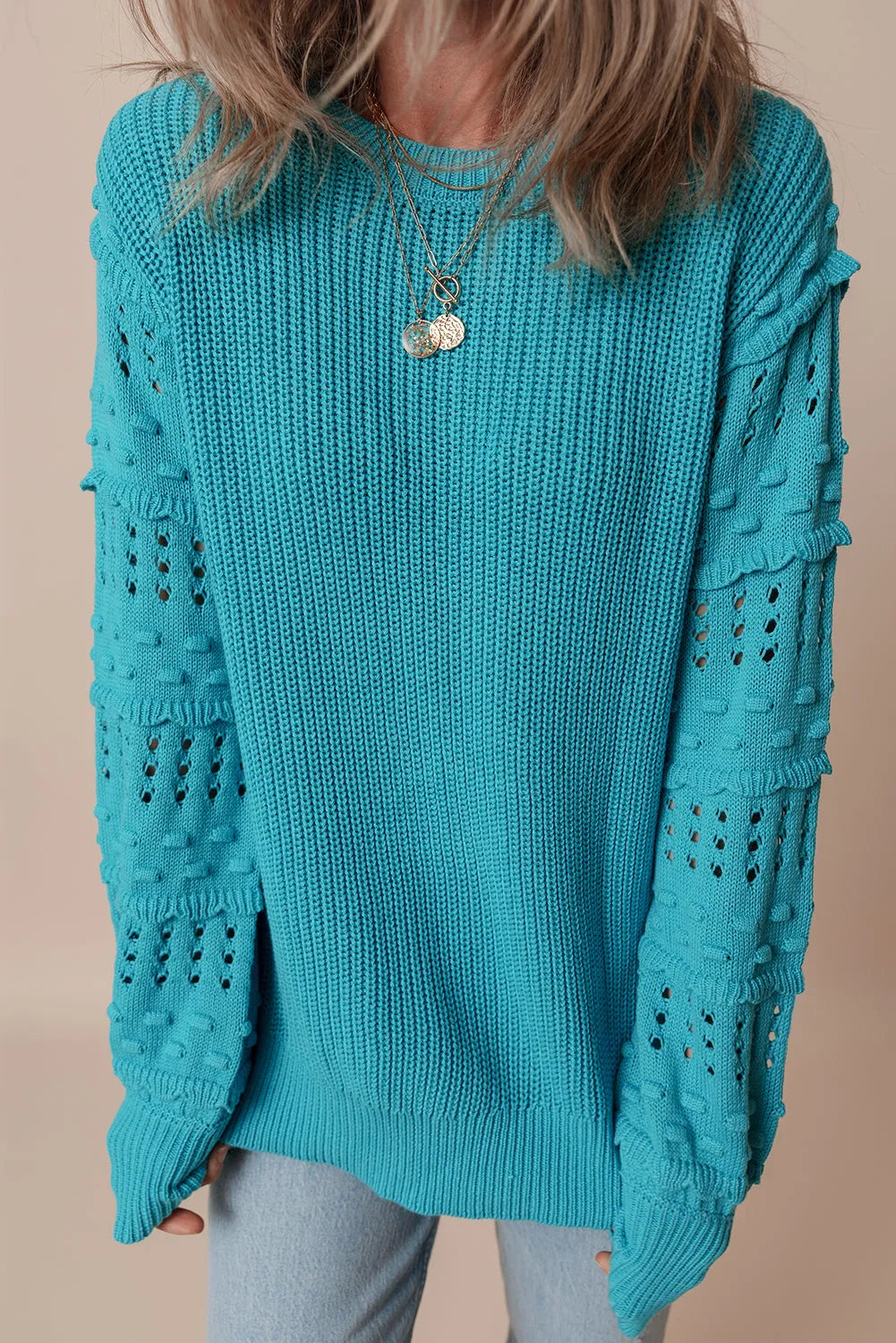 Turquoise Ruffled Eyelet Bubble Sleeve Sweater - Chic Meadow Boutique 