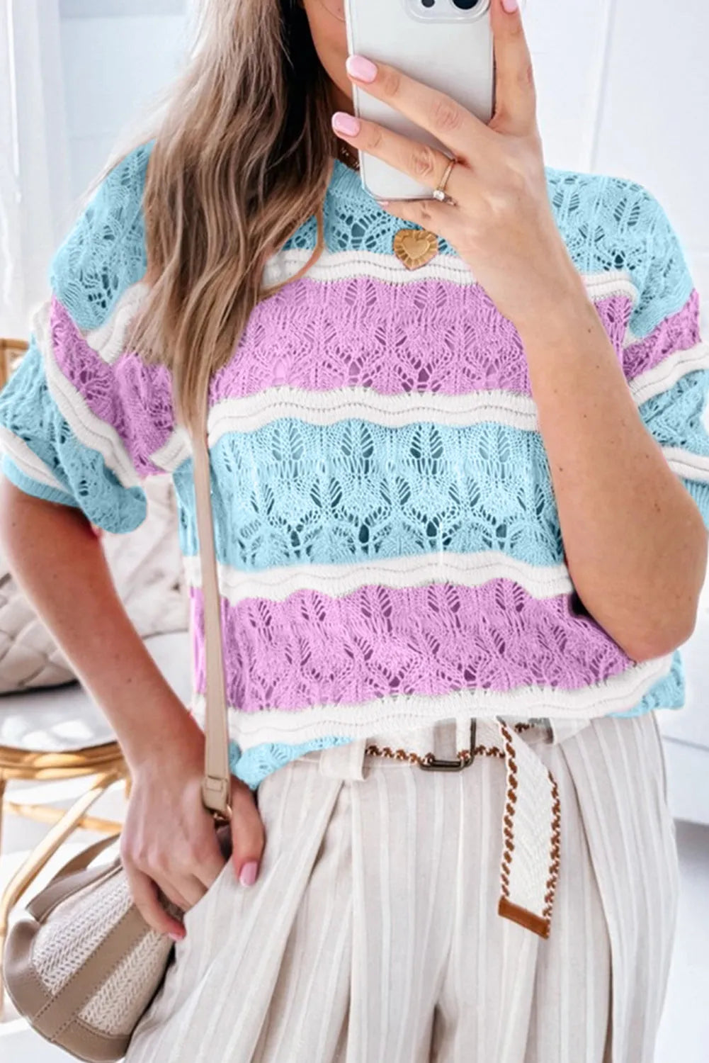 Purple Stripe Color Block Hollow Out Crochet Half Sleeve Sweater - Chic Meadow Boutique 