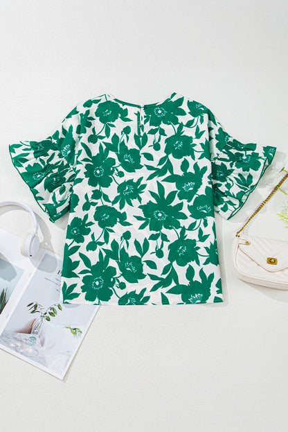 Green Floral Printed Ruffled Short Sleeve Round Neck Loose Blouse