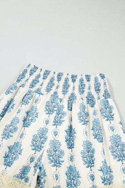Sky Blue Floral Print Lace Patchwork Detail Wide Leg Pants
