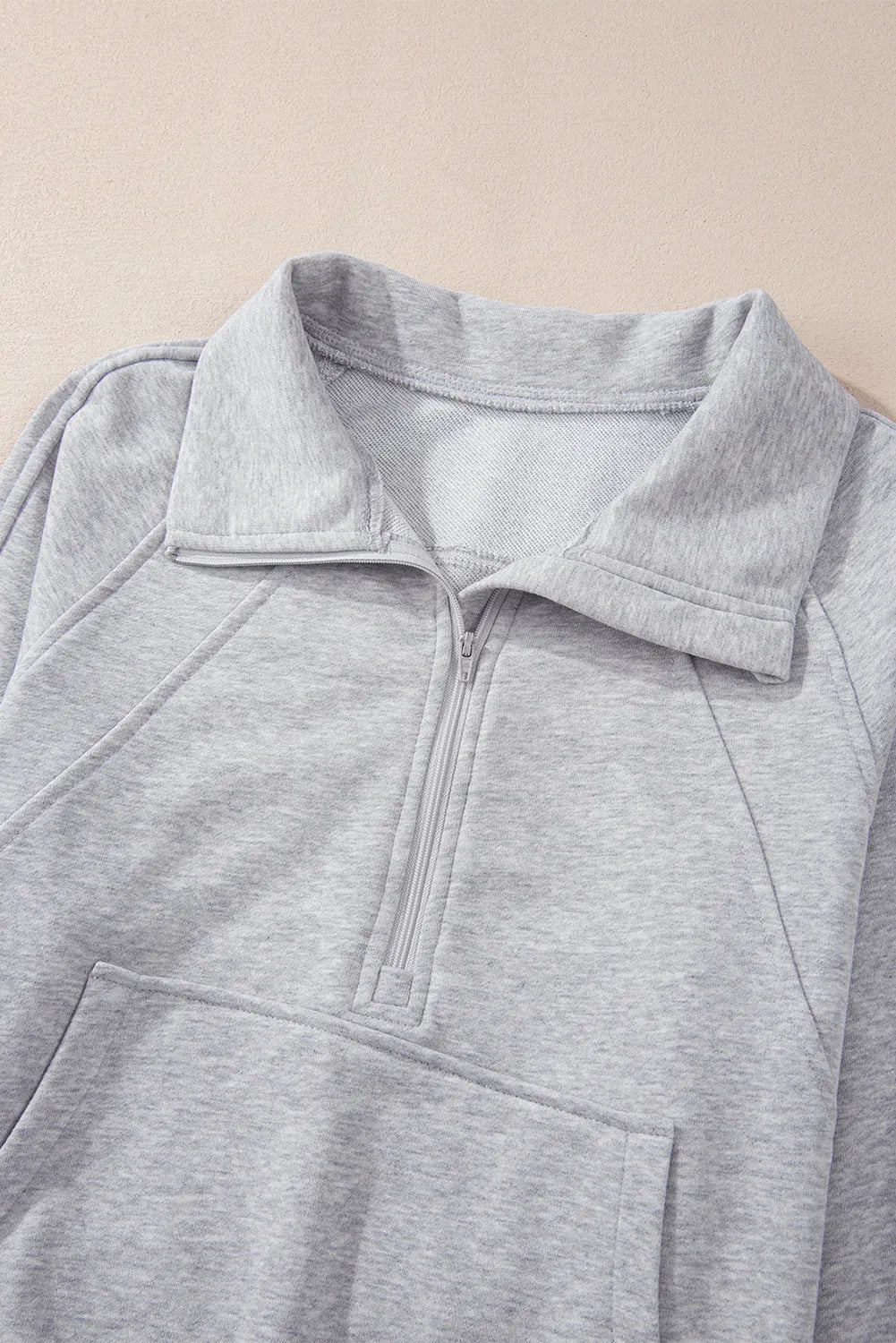 Light Grey Quarter Zip Stand Neck Kangaroo Pocket Sweatshirt - Chic Meadow Boutique 