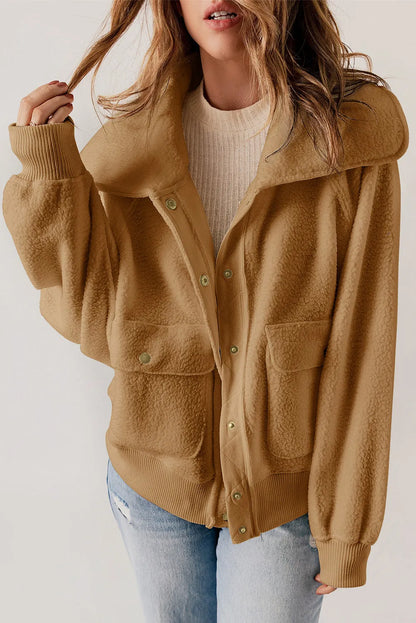 Brown Button Flap Pocket Spread Collar Fleece Jacket - Chic Meadow Boutique 