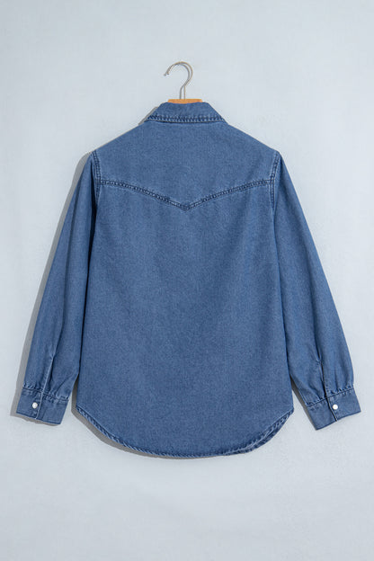 Dusk Blue Western Embroidered Collar Long Sleeve Denim Shirt