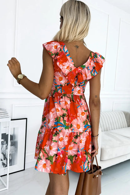 Fiery Red Floral Sleeveless V Neck Frill Mini Dress - Chic Meadow Boutique 