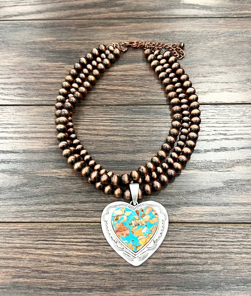 739566, Handmade 18" Copper Navajo Heart Gemstone Necklace