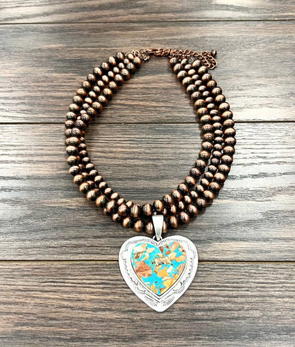 739566, Handmade 18" Copper Navajo Heart Gemstone Necklace