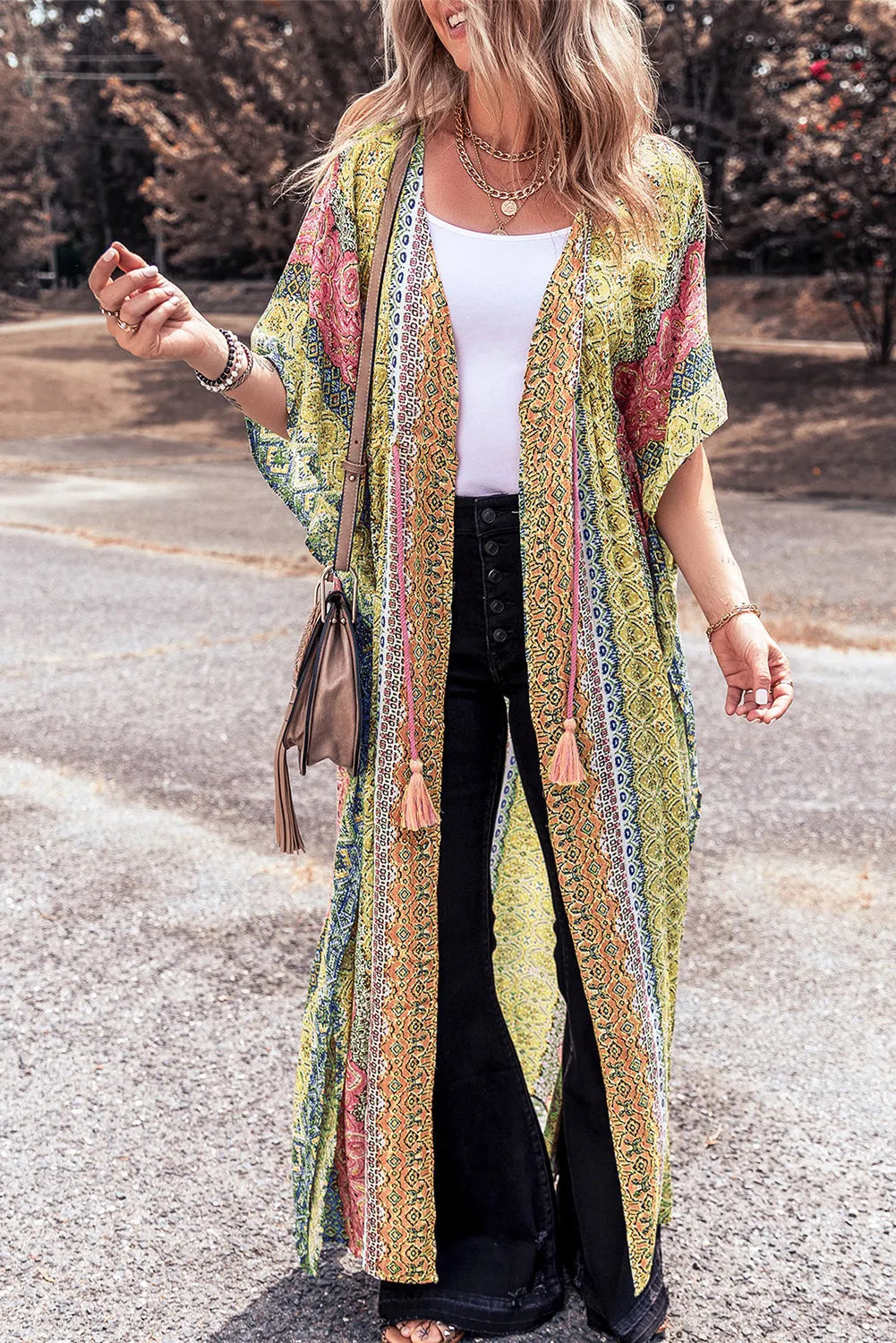 Pink Retro Printed Boho Duster Kimono - Chic Meadow Boutique 