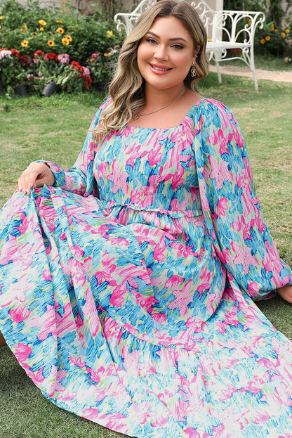 Sky Blue Floral Allover Print Shirred Square Neck Plus Size Maxi Dress