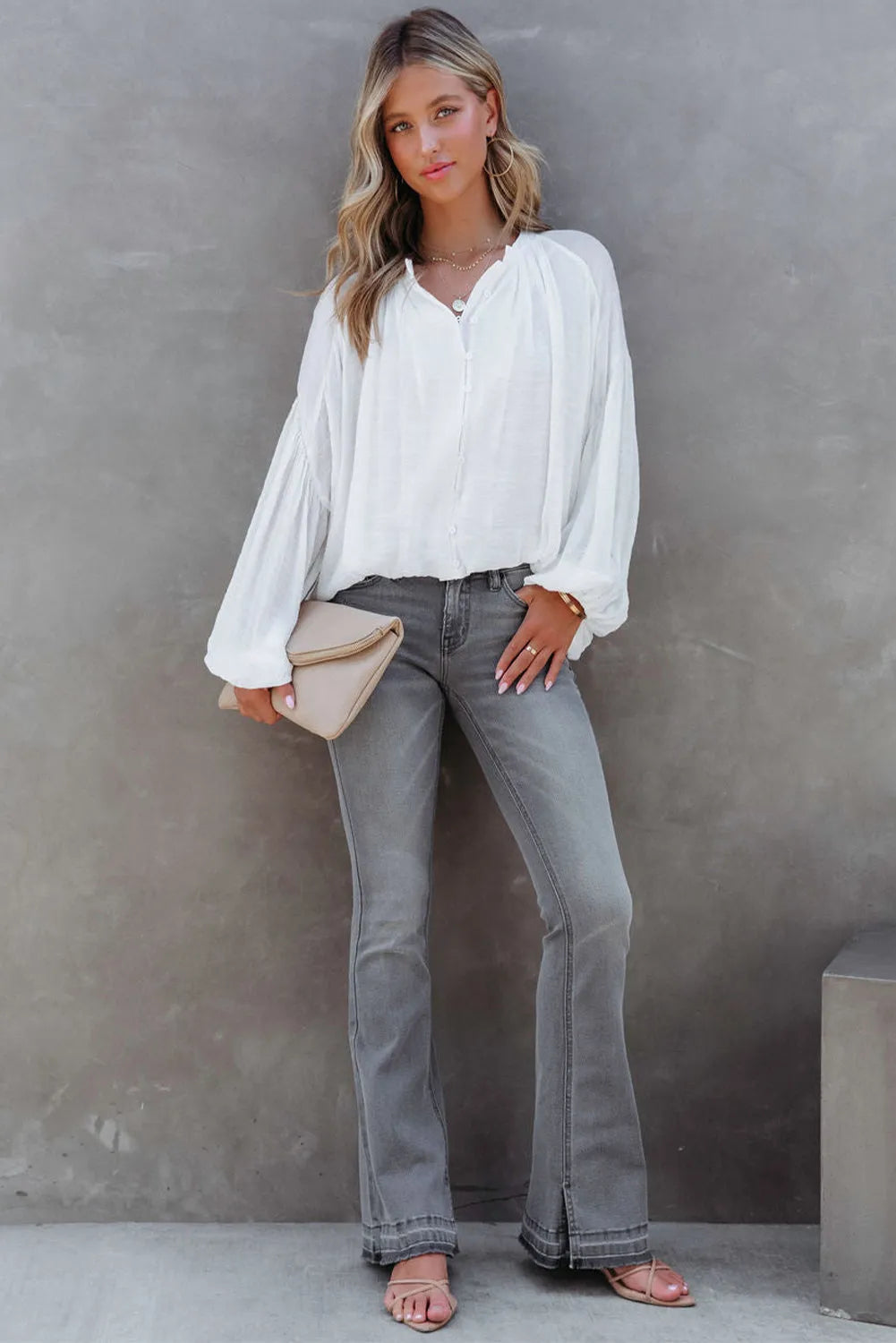 White Solid Color V Neck Balloon Sleeve Shirt - Chic Meadow Boutique 