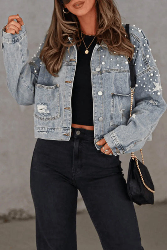 Sky Blue Distressed Pearls Star Cropped Denim Jacket - Chic Meadow Boutique 