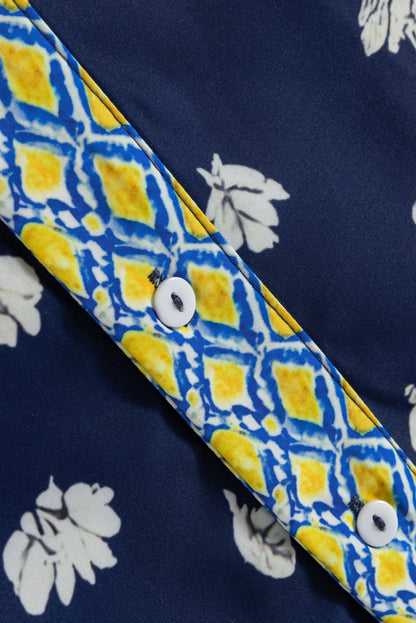 Blue Floral Print Half Sleeve Contrast Trim V Neck Blouse